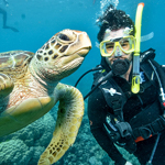 Scuba diver posing with a sea turtle at the Great Barrier Reef