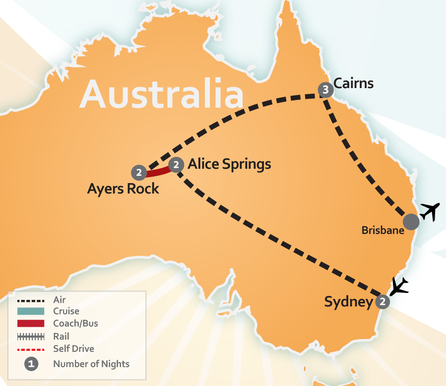 Australia Outback, Great Barrier Reef and Sydney Travel Map