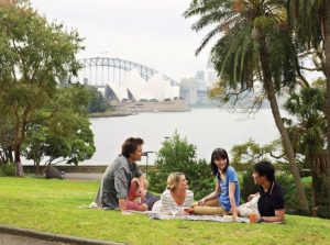 People sitting on lawn at Royal Botanic Gardens in Sydney