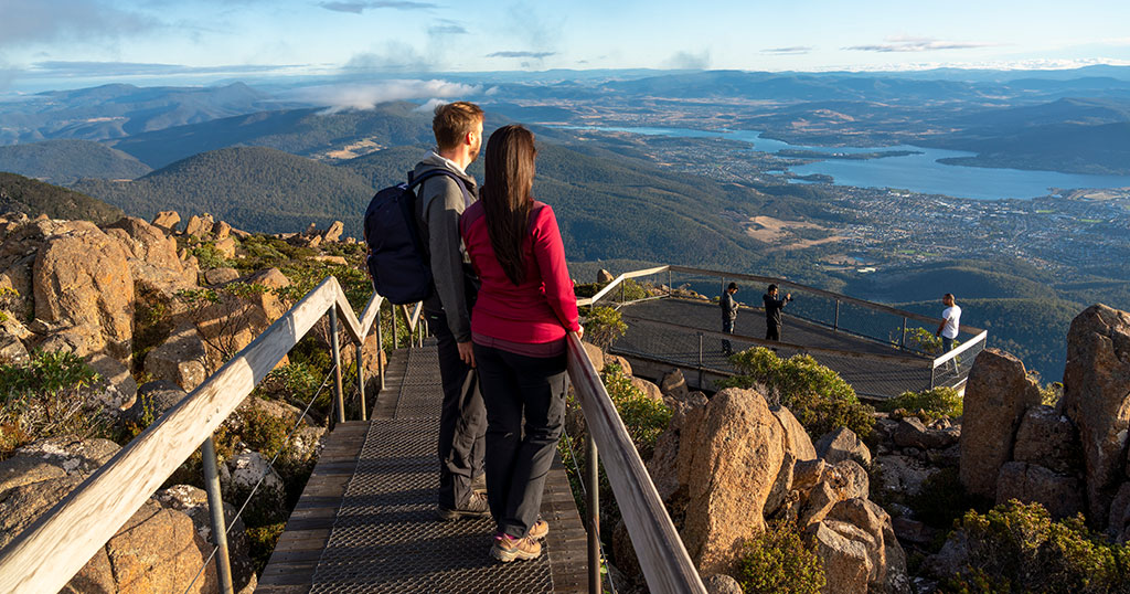 Man and woman looking out onto Hobart, Tasmania